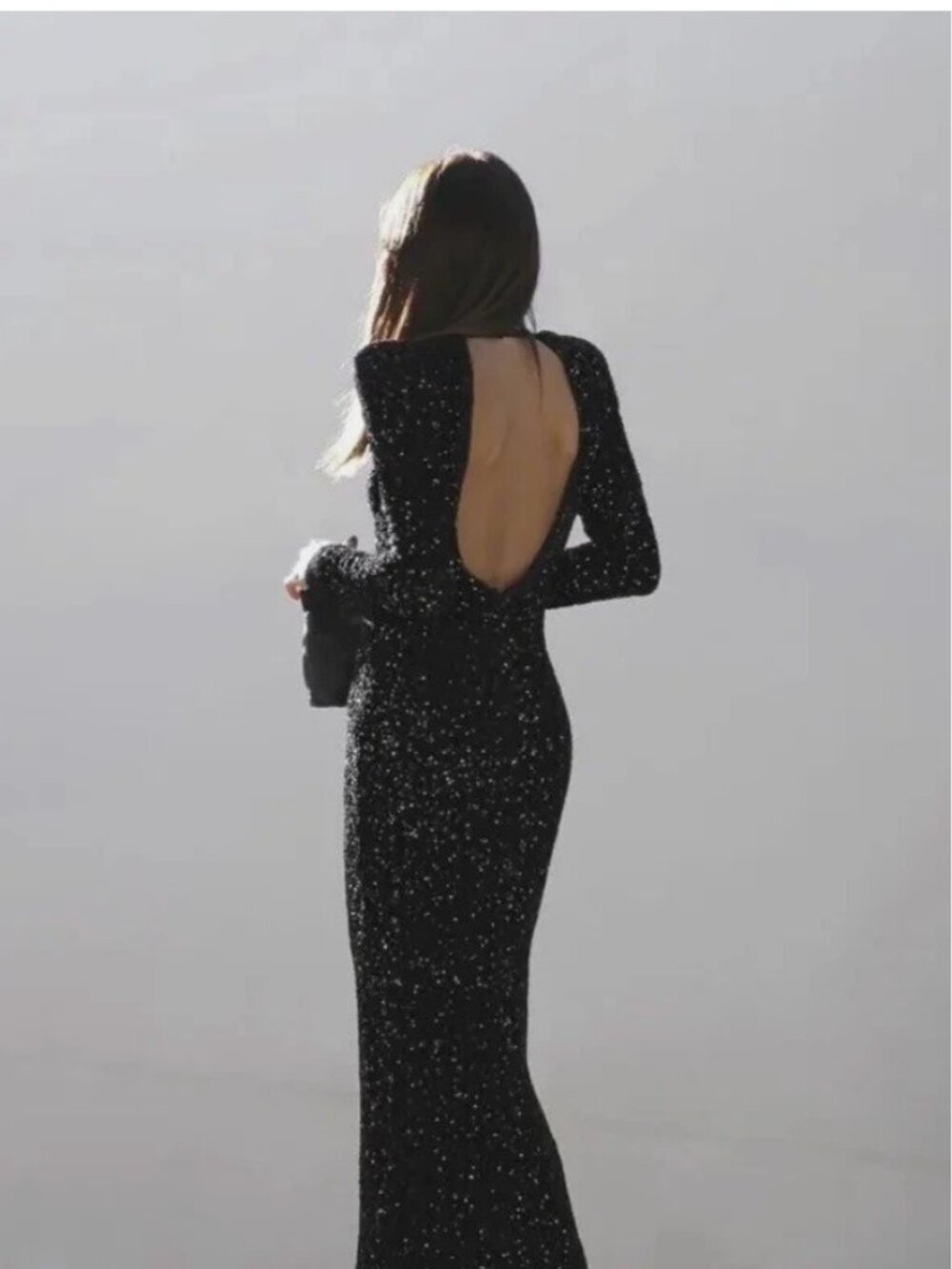 Zara Sequin Long Sleeve Elegant Shoulder Pad Black Long Dress Gown XS - Picture 2 of 11